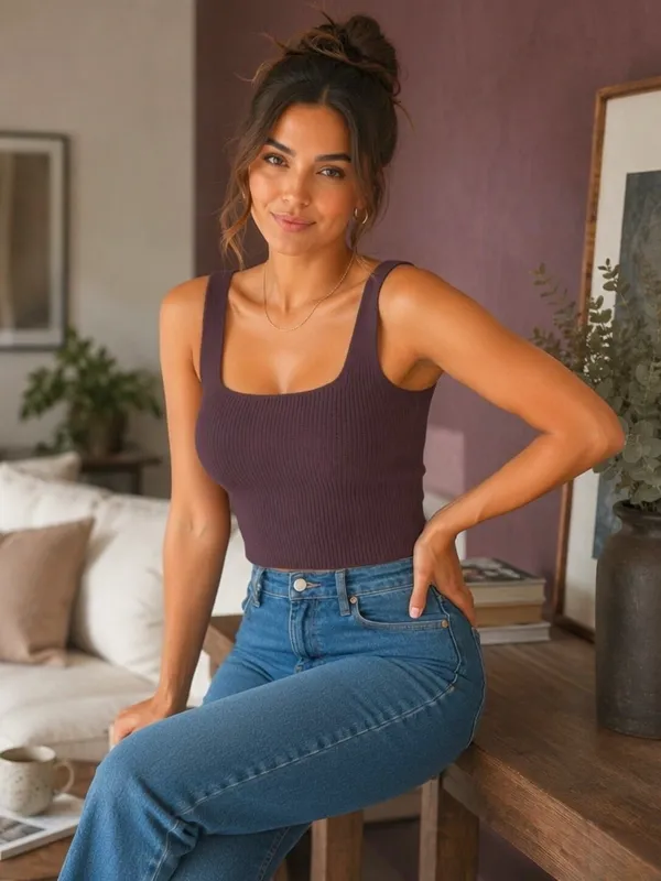 Blacksmith_Women's_&_Girls'_Deep_Taupe_Sleeveless_Knitted_Solid_Square_Neck_Tank_Top_/_Crop_Top