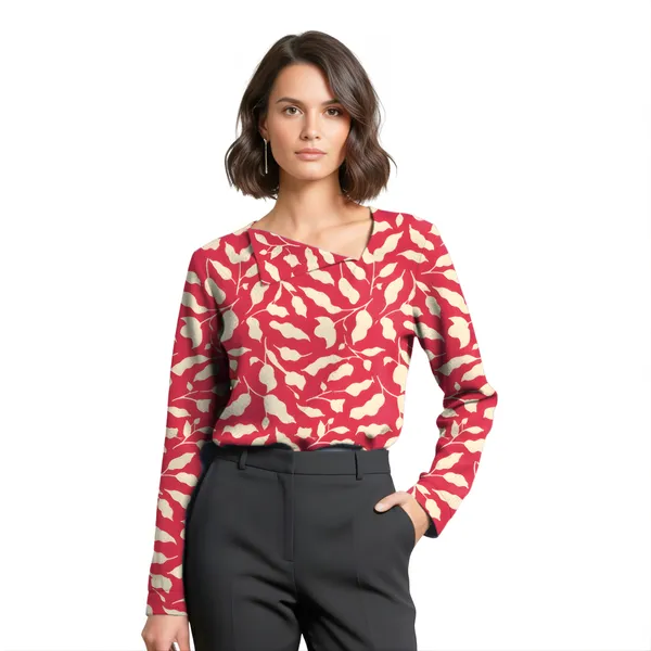 BLACKSMITH_Red_&_Beige_Ivory_Leaf_Asymmetrical_Formal_Office_Shirt_for_Women_|_Women_Stylish_Western_Tops