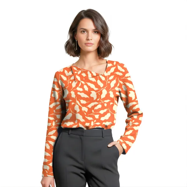 BLACKSMITH_Orange_&_Beige_Ivory_Leaf_Asymmetrical_Formal_Office_Shirt_for_Women_|_Women_Stylish_Western_Tops