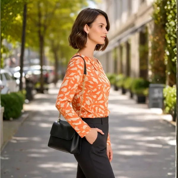 BLACKSMITH_Orange_&_Beige_Ivory_Leaf_Asymmetrical_Formal_Office_Shirt_for_Women_|_Women_Stylish_Western_Tops