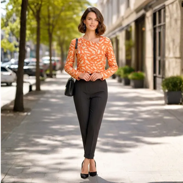 BLACKSMITH_Orange_&_Beige_Ivory_Leaf_Asymmetrical_Formal_Office_Shirt_for_Women_|_Women_Stylish_Western_Tops
