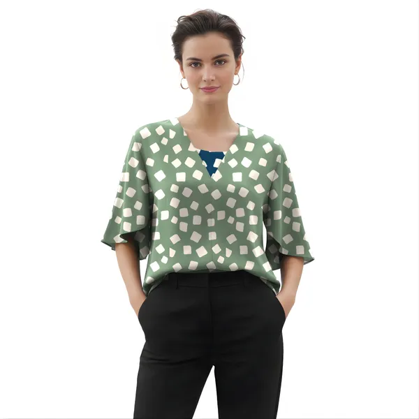 BLACKSMITH_Green_&_Beige_Cloud_Square_Layered_V-neck_Dolman_Sleeve_Formal_Office_Shirt_for_Women_|_Women_Stylish_Western_Tops