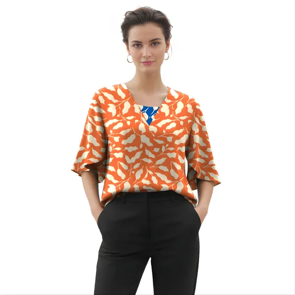 BLACKSMITH_Orange_&_Beige_Ivory_Leaf's_V-Neck_Dolman_Sleeve_Formal_Office_Shirt_for_Women_|_Women_Stylish_Western_Tops