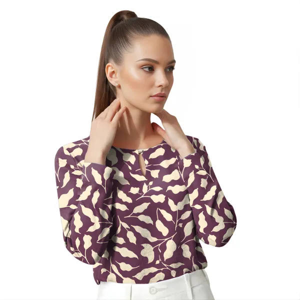 BLACKSMITH_Purple_&_Beige_Ivory_Leaf's_Keyhole_Neck_Formal_Office_Shirt_for_Women_|_Women_Stylish_Western_Tops