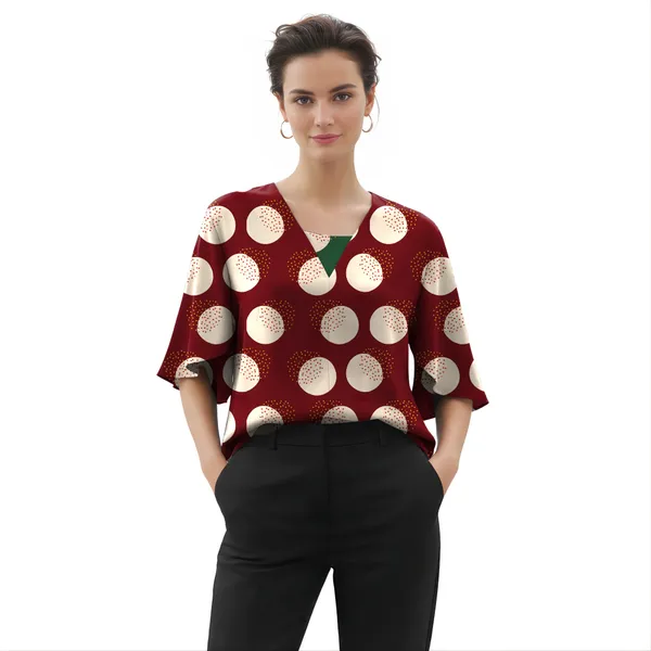 BLACKSMITH_Red_&_Beige_Lunar_Speckle_Long_Sleeve_Key_Hole_Neck_Formal_Office_Shirt_for_Women_|_Women_Stylish_Western_Tops