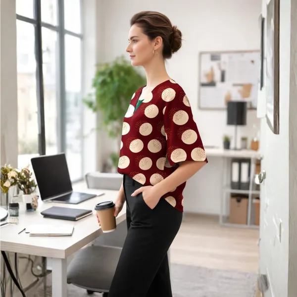 BLACKSMITH_Red_&_Beige_Lunar_Speckle_Long_Sleeve_Key_Hole_Neck_Formal_Office_Shirt_for_Women_|_Women_Stylish_Western_Tops