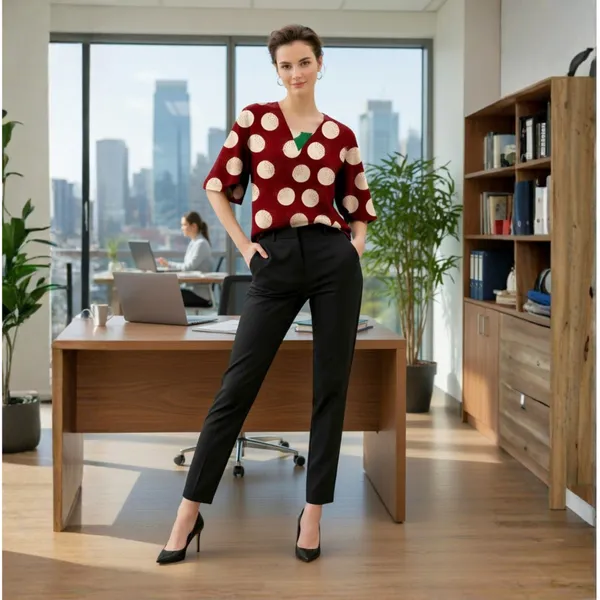 BLACKSMITH_Red_&_Beige_Lunar_Speckle_Long_Sleeve_Key_Hole_Neck_Formal_Office_Shirt_for_Women_|_Women_Stylish_Western_Tops