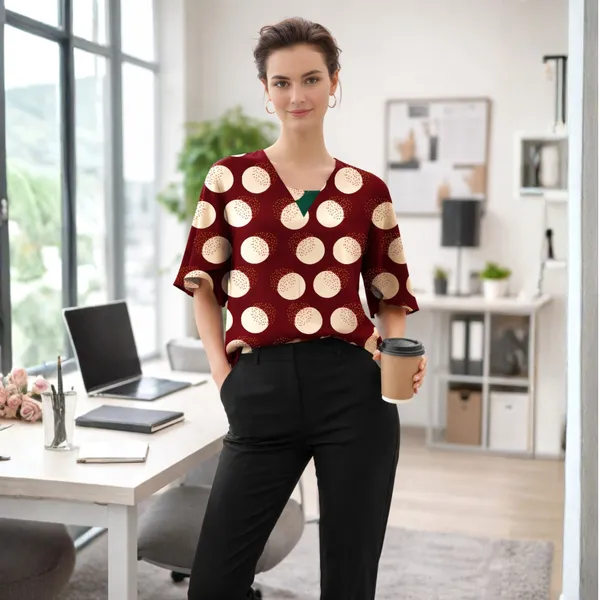 BLACKSMITH_Red_&_Beige_Lunar_Speckle_Long_Sleeve_Key_Hole_Neck_Formal_Office_Shirt_for_Women_|_Women_Stylish_Western_Tops
