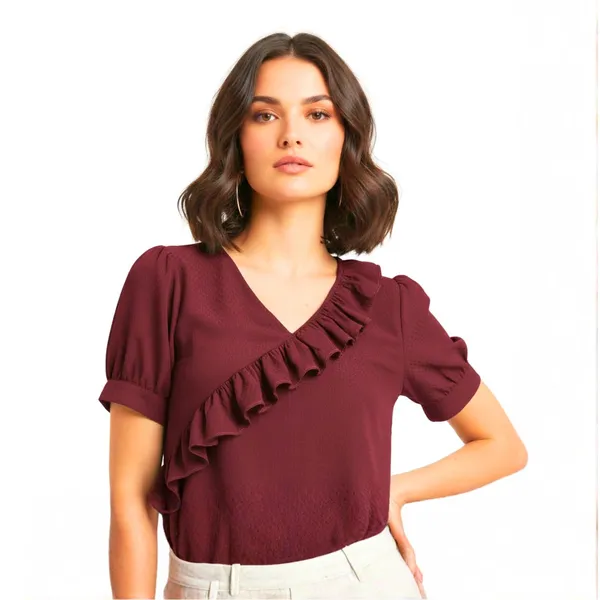 BLACKSMITH_Maroon_Ruffled_V-_Neck_Formal_Office_Shirt_for_Women_|_Women_Stylish_Western_Tops