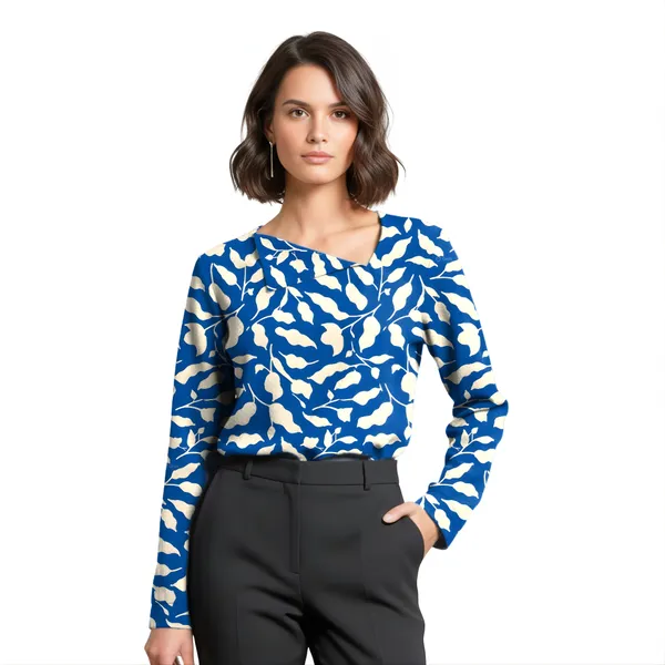 BLACKSMITH_Navy_&_Beige_Ivory_Leaf_Asymmetrical_Formal_Office_Shirt_for_Women_|_Women_Stylish_Western_Tops