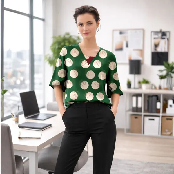 BLACKSMITH_Green_&_Beige_Lunar_Speckle_Layerd_V-Neck_Dolman_Formal_Office_Shirt_for_Women_|_Women_Stylish_Western_Tops