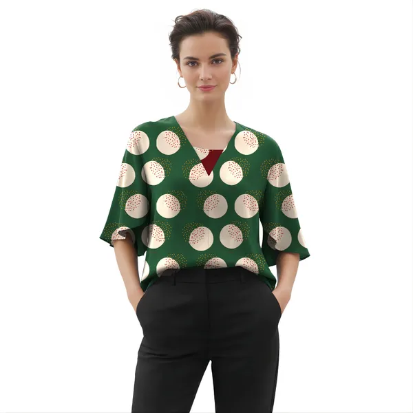 BLACKSMITH_Green_&_Beige_Lunar_Speckle_Layerd_V-Neck_Dolman_Formal_Office_Shirt_for_Women_|_Women_Stylish_Western_Tops