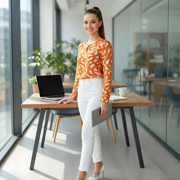 BLACKSMITH_Orange_&_Beige_Ivory_Leaf's_Keyhole_Neck_Formal_Office_Shirt_for_Women_|_Women_Stylish_Western_Tops