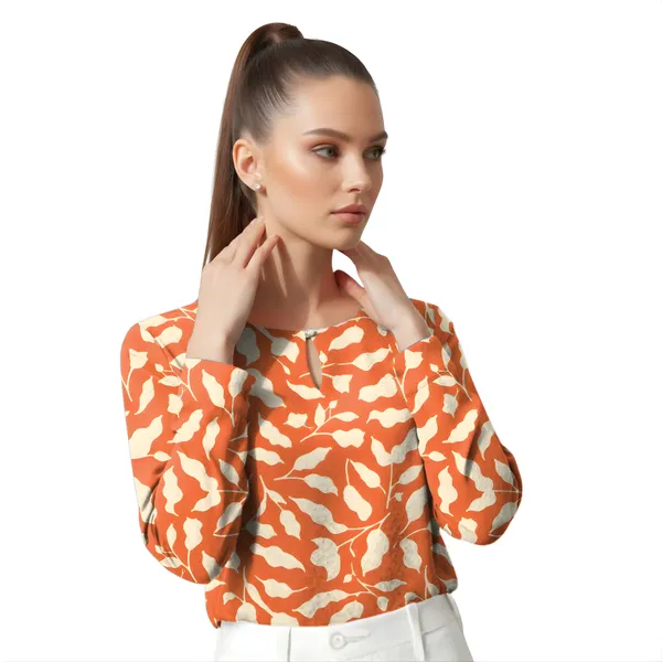 BLACKSMITH_Orange_&_Beige_Ivory_Leaf's_Keyhole_Neck_Formal_Office_Shirt_for_Women_|_Women_Stylish_Western_Tops