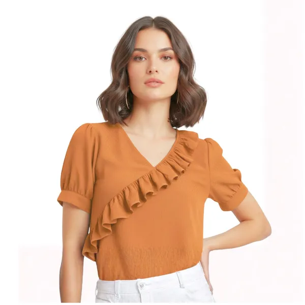 BLACKSMITH_Orange_Ruffled_V-_Neck_Formal_Office_Shirt_for_Women_|_Women_Stylish_Western_Tops