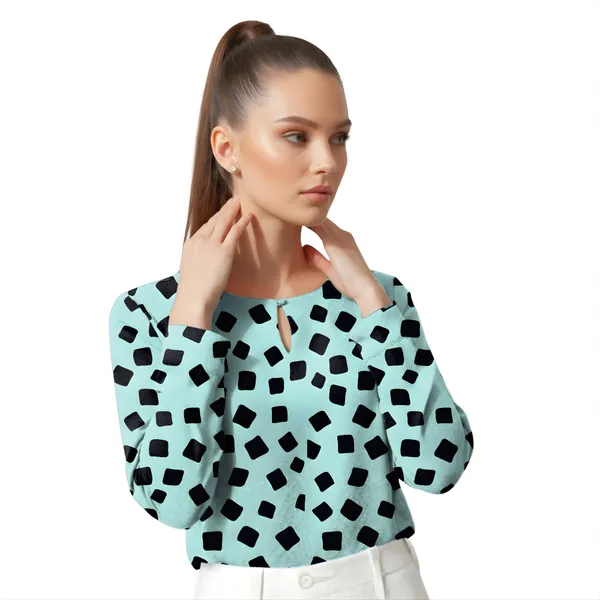 BLACKSMITH_Aqua_&_Black_Cloud_Square_Keyhole_Neck_Full_Sleeve_Formal_Office_Shirt_for_Women_|_Women_Stylish_Western_Tops