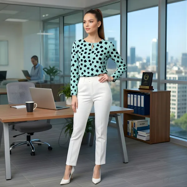 BLACKSMITH_Aqua_&_Black_Cloud_Square_Keyhole_Neck_Full_Sleeve_Formal_Office_Shirt_for_Women_|_Women_Stylish_Western_Tops