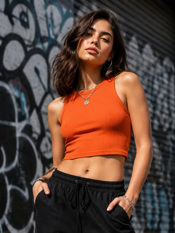 Blacksmith_Women's_&_Girls'_Orange_Sleeveless_Knitted_Solid_Crew_Neck_Tank_Top_/_Crop_Top