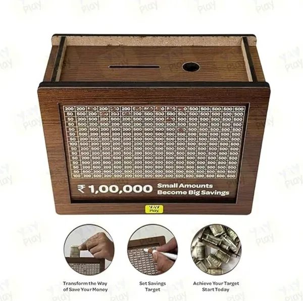 1_Lakh_Money_Saving_Box_|_Wooden_Piggy_Bank_with_Target_Tracker_|_Coin_&_Cash_Bank_for_Everyone""