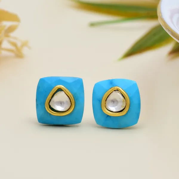 925_Sterling_Silver_|_Turquoise_&_Polki_Stud_Earrings__|_Gold_Plated