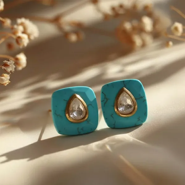 925_Sterling_Silver_|_Turquoise_&_Polki_Stud_Earrings__|_Gold_Plated