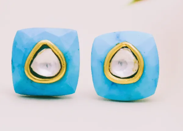 925_Sterling_Silver_|_Turquoise_&_Polki_Stud_Earrings__|_Gold_Plated