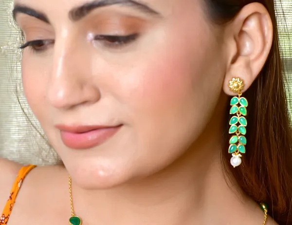 925_Sterling_Silver_|_Gold_Plated_Earrings_|__Green_Gems_Leaf