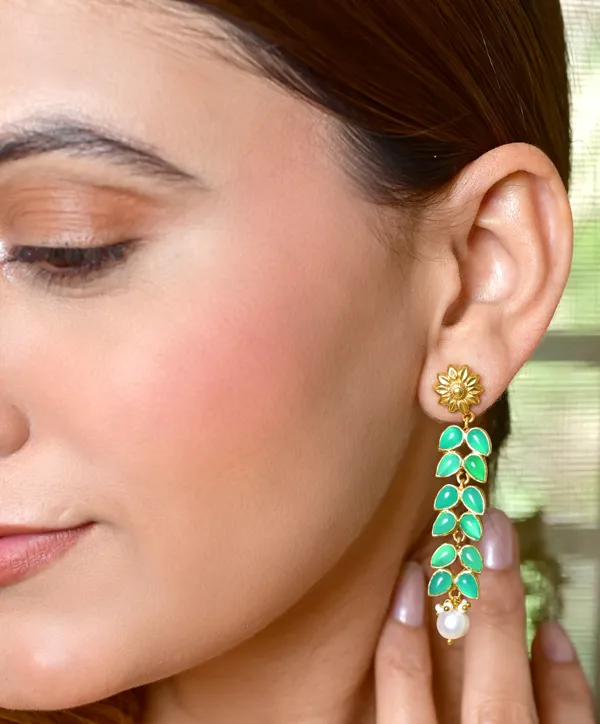 925_Sterling_Silver_|_Gold_Plated_Earrings_|__Green_Gems_Leaf