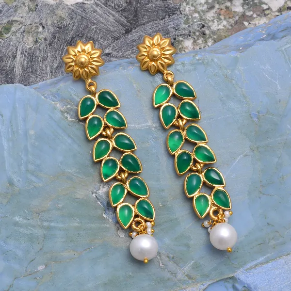 925_Sterling_Silver_|_Gold_Plated_Earrings_|__Green_Gems_Leaf