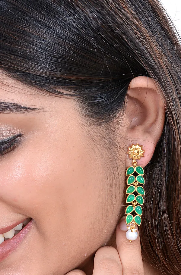 925_Sterling_Silver_|_Gold_Plated_Earrings_|__Green_Gems_Leaf