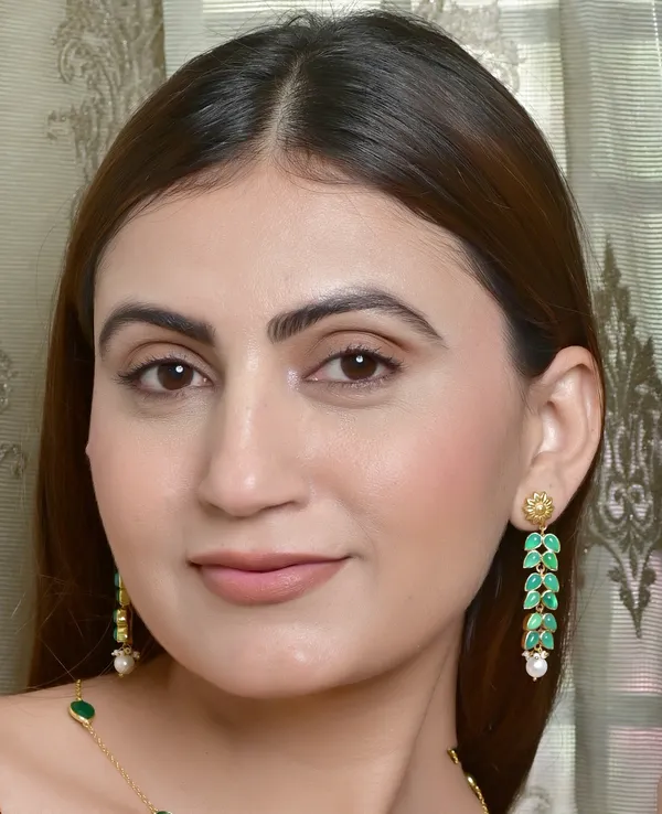 925_Sterling_Silver_|_Gold_Plated_Earrings_|__Green_Gems_Leaf
