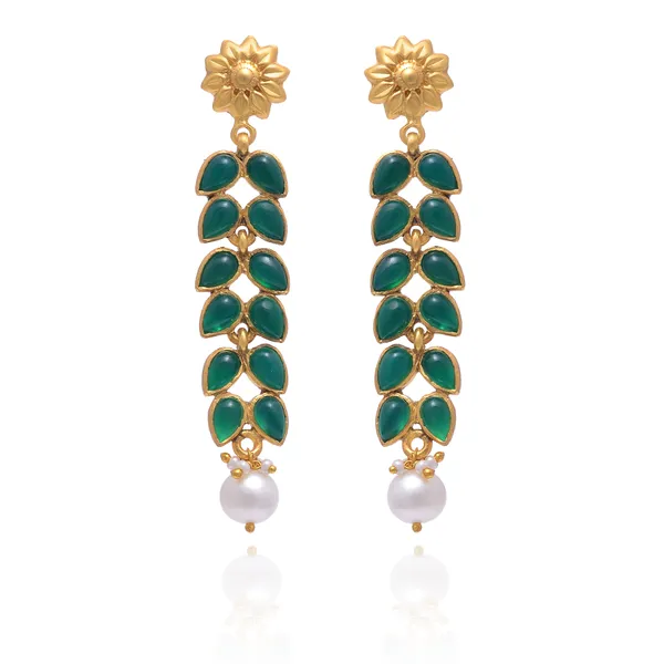 925_Sterling_Silver_|_Gold_Plated_Earrings_|__Green_Gems_Leaf