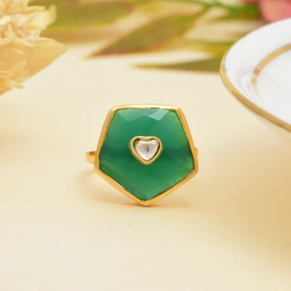 929_Sterling_Silver_|_Adjustable_Moissanite_Polki_Studded_Ring_|_Gold_Plated_Green_Gemstone