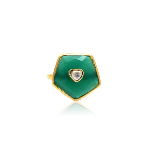 929_Sterling_Silver_|_Adjustable_Moissanite_Polki_Studded_Ring_|_Gold_Plated_Green_Gemstone