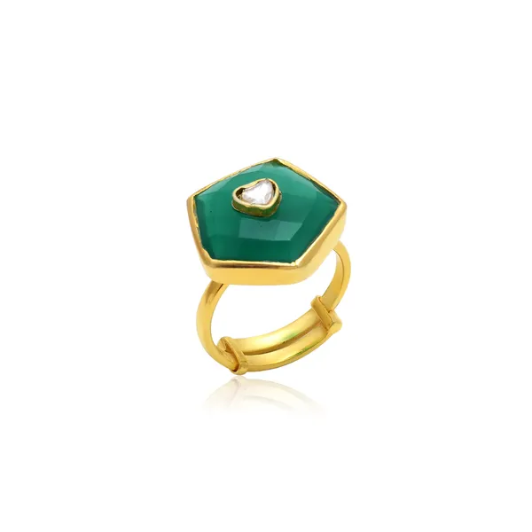 929_Sterling_Silver_|_Adjustable_Moissanite_Polki_Studded_Ring_|_Gold_Plated_Green_Gemstone