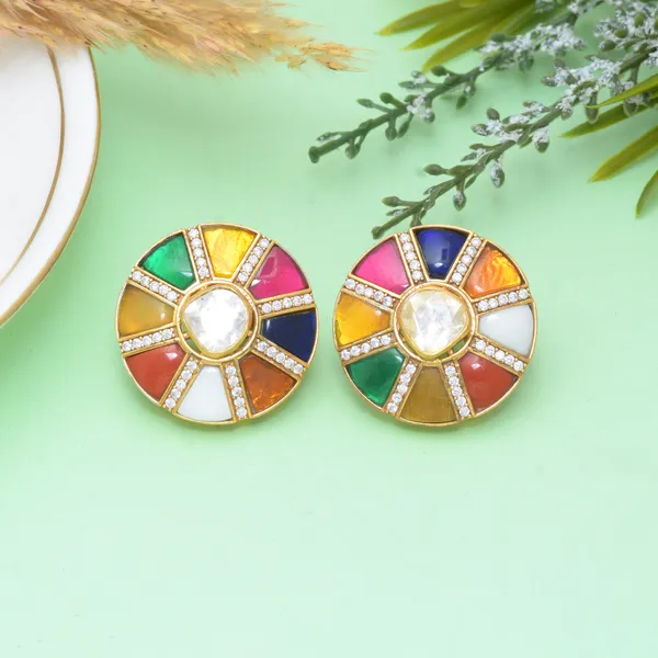 925_Sterling_Mossanite_Polki_And_Navarathan_Stones_Studs_For_Women_Gold