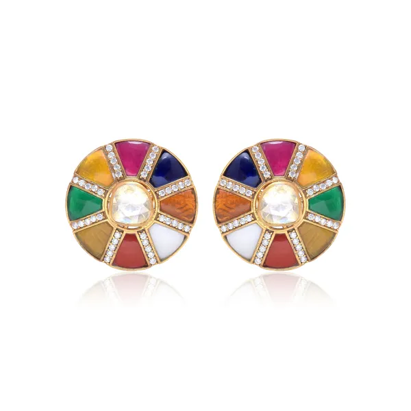 925_Sterling_Mossanite_Polki_And_Navarathan_Stones_Studs_For_Women_Gold