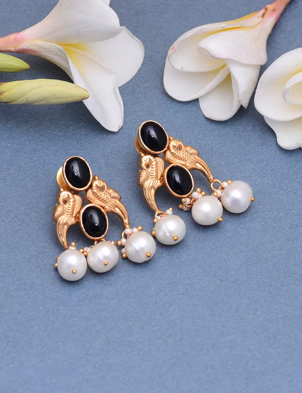925_Sterling_Silver_|__Gold_Plated_Stud_|_Black_Gemstones_&_White_Beeds