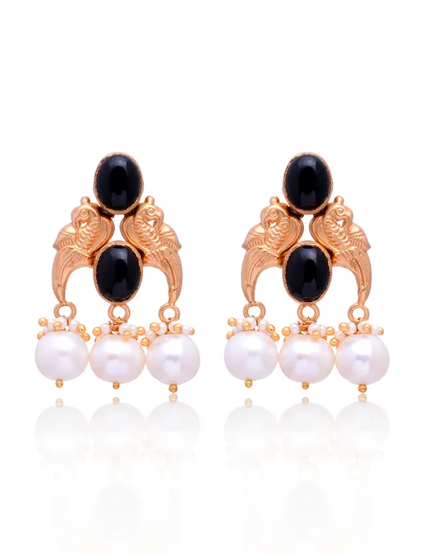 925_Sterling_Silver_|__Gold_Plated_Stud_|_Black_Gemstones_&_White_Beeds