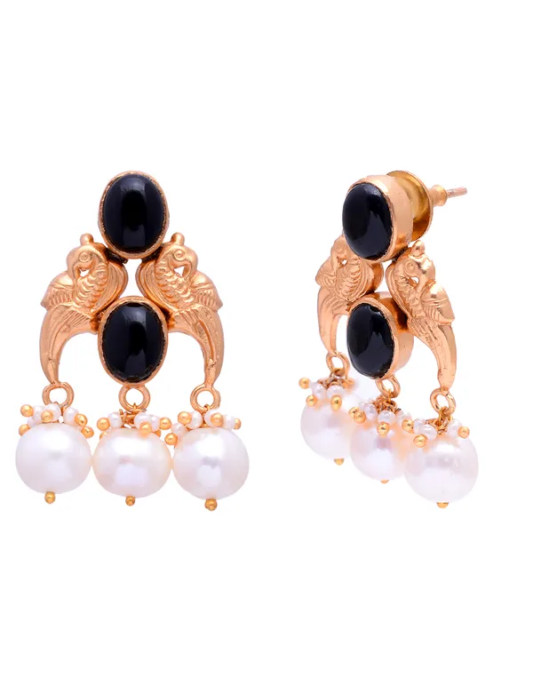 925_Sterling_Silver_|__Gold_Plated_Stud_|_Black_Gemstones_&_White_Beeds