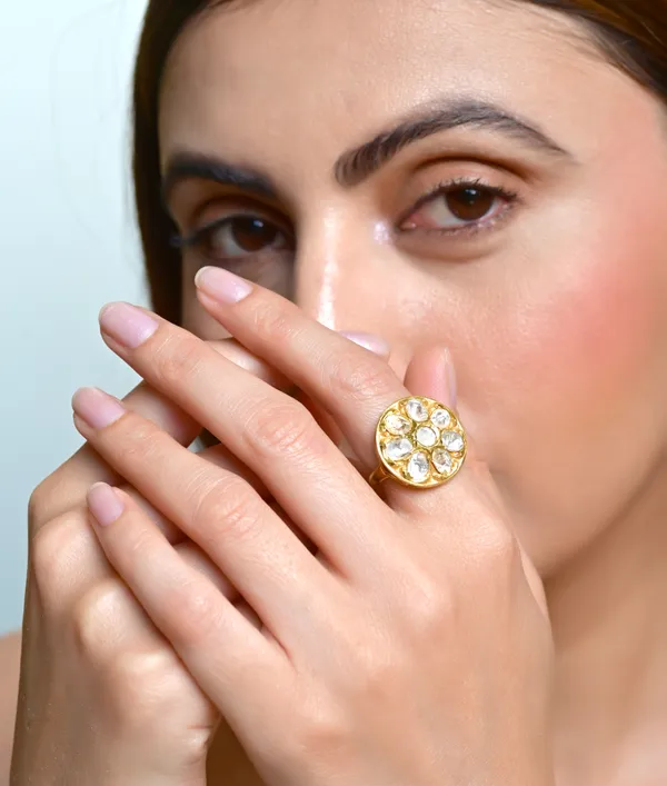 925_Sterling_Silver_|_Polki_And_Pearl_Studded_Ring_|_Gold_Plated