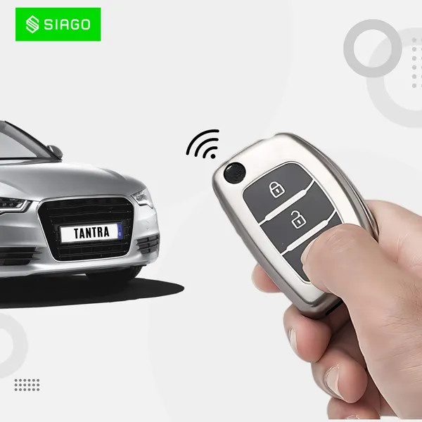 Grey_Tpu_Key_Cover_And_Metal_Keychain_Compatible_For_Hyundai_I_20,_Xcent,Verna_Flude_3_Button_Flip_Smart_Key_Cover