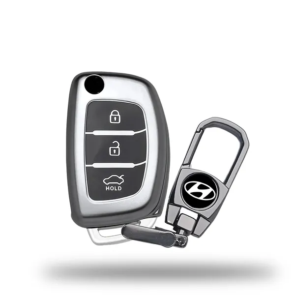Grey_Tpu_Key_Cover_And_Metal_Keychain_Compatible_For_Hyundai_I_20,_Xcent,Verna_Flude_3_Button_Flip_Smart_Key_Cover
