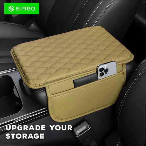 SIAGO_SIA144_Car_Armrest_Cover_Cushion_with_2_Storage_Bags_-_Soft,_Comfortable,_Non-Slip_Protector_for_Vehicle_Center_Console_-_Waterproof,_Durable,_and_Stylish_(Beige)