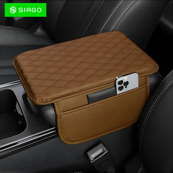 SIAGO_SIA144_Car_Armrest_Cover_Cushion_with_2_Storage_Bags_-_Soft,_Comfortable,_Non-Slip_Protector_for_Vehicle_Center_Console_-_Waterproof,_Durable,_and_Stylish_(Tan)