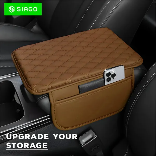 SIAGO_SIA144_Car_Armrest_Cover_Cushion_with_2_Storage_Bags_-_Soft,_Comfortable,_Non-Slip_Protector_for_Vehicle_Center_Console_-_Waterproof,_Durable,_and_Stylish_(Tan)