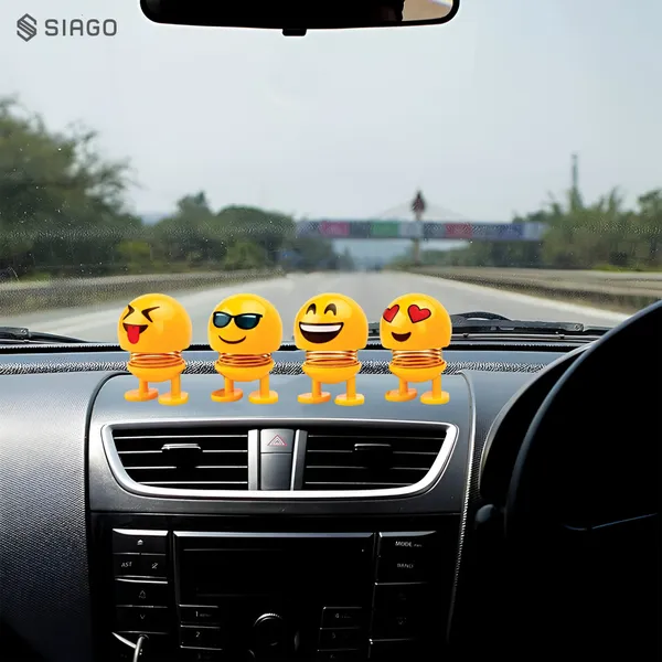 SIAGO_SIA127_Spring_Cute_Smiley_Doll_Car_Ornament_-_Interior_Dashboard_Decor_with_Bounce_Feature_(Yellow)_(Pack_of_4)