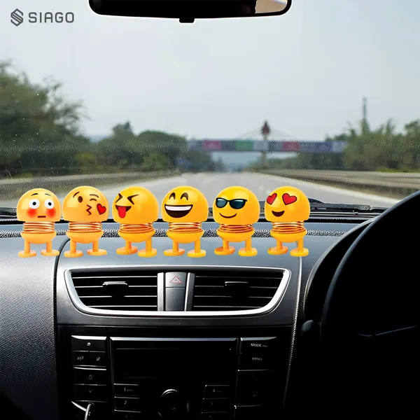 SIAGO_SIA127_Spring_Cute_Smiley_Doll_Car_Ornament_-_Interior_Dashboard_Decor_with_Bounce_Feature_(Yellow)_(Pack_of_6)