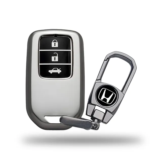 Grey_Tpu_Key_Cover_And_Metal_Keychain_Compatible_For_Honda_City,_Civic,_Jazz,_Amaze,_Cr-V,_Br-V,_Wr-V_With_3_Button_Smart_Key