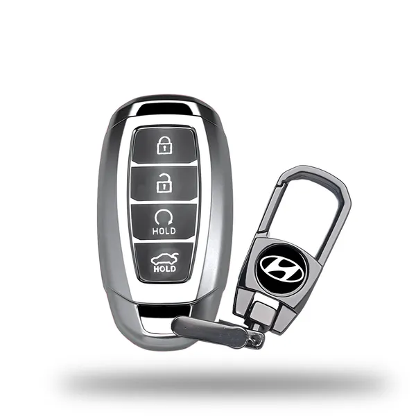 Grey_Tpu_Key_Cover_And_Metal_Keychain_Compatible_For_Hyundai_Verna_2023_Car_4_Button_Smart_Key